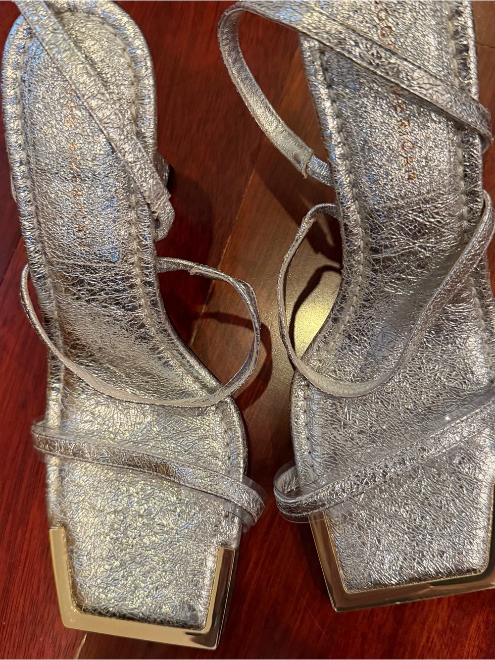 Good American Silver Metallic Strappy Square-Toe Heels